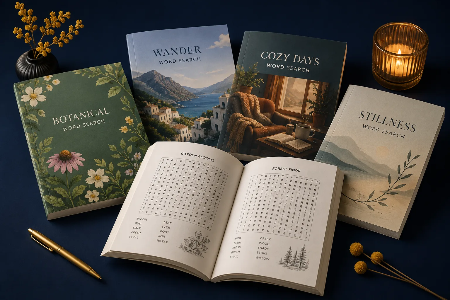Illustrative botanical, travel, cozy and mindfulness paperback book concepts