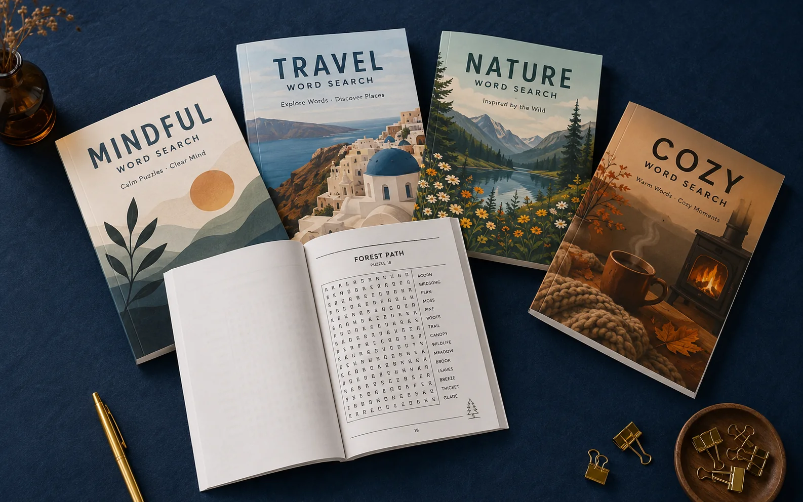 Illustrative word-search cover concepts for mindfulness, travel, nature, and cozy themes