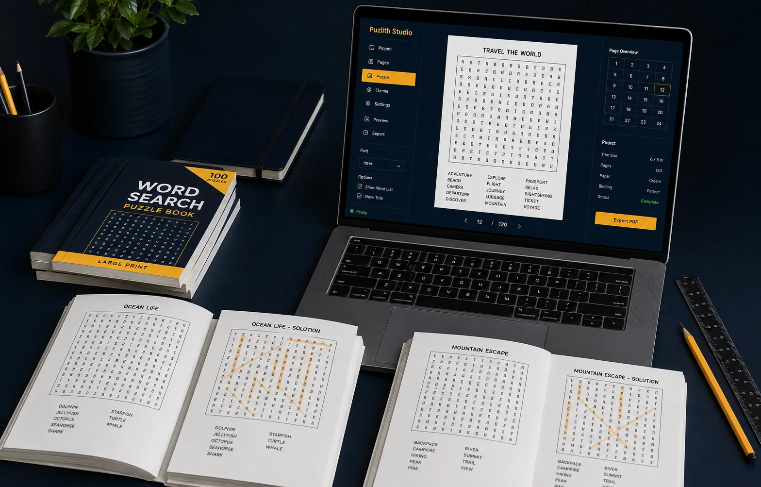 Word-search production workspace with a laptop preview, printed puzzle pages, solution pages and finished book proofs