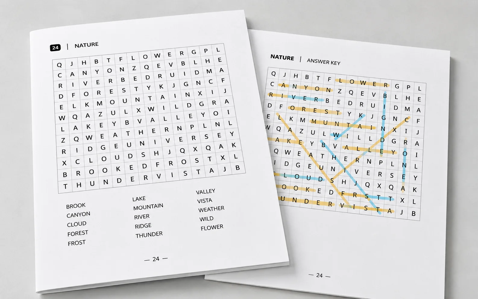 A clean word-search puzzle and its matching highlighted solution page